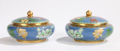 Pair of Chinese cloisonné pots and covers, with a blue ground and flower head design and butterflies