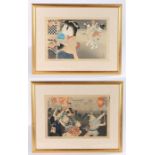 Pair of Japanese prints depicting figures buying bird cages and figures carrying placards, sold by