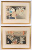 Pair of Japanese prints depicting figures buying bird cages and figures carrying placards, sold by