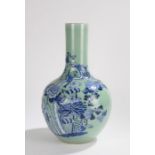 Chinese celadon and blue glaze vase, of large proportions, with a celadon ground and raised blue