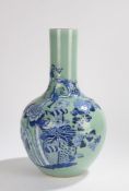 Chinese celadon and blue glaze vase, of large proportions, with a celadon ground and raised blue
