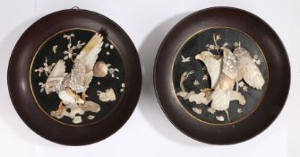Pair of Japanese mother of pearl set panels, the raise mother of pearl pictures depicting eagles