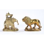 Indian brass elephant, with a carriage on the elephants back, 13cm long, together with a lion,
