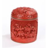 Cinnabar pot and cover, with a carved lid above the circular body with conforming decoration