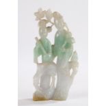 Chinese jadeite figural group, with two standing figures with flowers behind and a bird to the side,