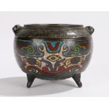 Chinese bronze and cloisonné censer, with an archaic design in red, white, blue and green, raised on