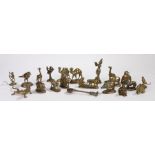 Collection of brass animals and figures, with monkeys, a boar, a camel, crocodile, etc, (qty)