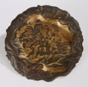 Japanese alloy dish, the centre of the dish with figures walking away from buildings heightened in