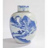 Chinese porcelain vase and cover, decorated in blue with figures on a path by water and a