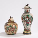 Japanese porcelain Satsuma wares, to include a vase and cover with a fighting samurai scene, 28cm