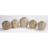 Collection of Chinese ginger jars, celadon glazed, two examples with blue bands, size range 12cm