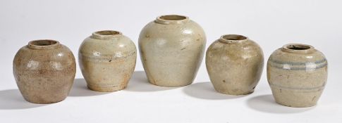 Collection of Chinese ginger jars, celadon glazed, two examples with blue bands, size range 12cm