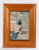 Japanese woodblock print, two figures inside a building, 17.5cm x 26cmFading and dirt mainly to