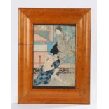 Japanese woodblock print, two figures inside a building, 17.5cm x 26cmFading and dirt mainly to