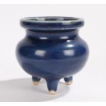 Chinese monochrome cobalt blue porcelain censer, the circular body above three supports, 8.5cm