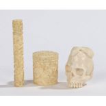 Chinese ivory needle case, Qing Dynasty, together with a box and cover and a carved skull, (3)