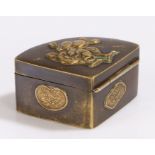 Japanese Meiji period bronze box, with applied gilt foliate and fan decoration, 45mm diameter