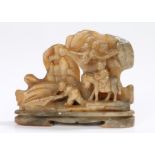 Chinese alabaster carving, of a figure on horseback and another working, 12.5cm long
