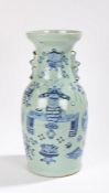 Chinese porcelain vase, in celadon and blue enamels decorated with sacred objects, 43cm high