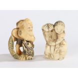 Two Japanese ivory netsukes, Meiji period, the first example holding a basket, the second with a