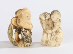 Two Japanese ivory netsukes, Meiji period, the first example holding a basket, the second with a