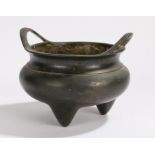 Chinese bronze censer, the circular body with arched handles and squat body, four character mark