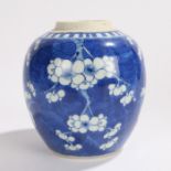 Chinese porcelain ginger jar, decorated in blue and white peony decoration with a four character