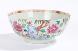 Chinese porcelain famille rose bowl, decorated with peony, rocks and bridges, the interior of the