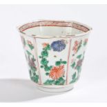 Chinese porcelain famille verte porcelain beaker, Kangxi, with a flared lip above foliate panels,