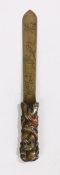 Japanese brass letter opener, the handle with frogs climbing up a branch, 30cm long