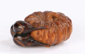Fine Japanese carved netsuke, Meiji period, carved as a pumpkin and two aubergines, 3.5cm diameter