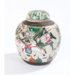 Chinese ginger jar, decorated in a crackle glaze with polychrome enamels with warriors and
