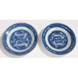 Two Chinese porcelain plates, Kangxi, with blue and white dual dragon decoration with cloud