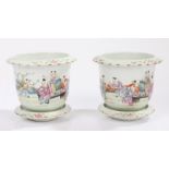 Pair of Chinese porcelain jardinières, Qing Long marks but later, each decorated with figures