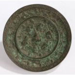 Japanese Meiji period bronze mirror, with flower and creature decoration, 13cm diameter