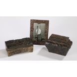 Japanese boxes, to include an alloy tea caddy, a casket and a frame, (3)
