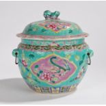 Chinese porcelain pot and cover, in turquoise and pink enamel with dragons to the panels, six