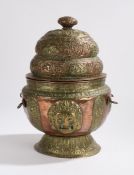 Burmese 19th Century copper and brass container, with a domed lid with flowers and animals above a