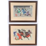 Yoshu Chikanobu, two hand coloured prints of fighting Samurai, signed to the right hand side, 34cm x