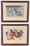 Yoshu Chikanobu, two hand coloured prints of fighting Samurai, signed to the right hand side, 34cm x