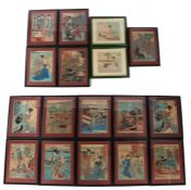 Collection of Japanese prints, with fifteen prints showing various scenes including samurai,