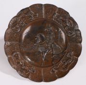 Japanese alloy dish, two samurai in a landscape, a dragon edge, 25cm diameter