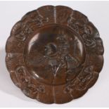 Japanese alloy dish, two samurai in a landscape, a dragon edge, 25cm diameter