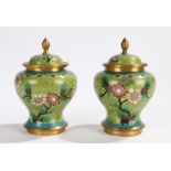 Pair of Chinese cloisonné vases and covers, in green ground and foliate design, 11.5cm high, (2)