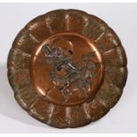 Japanese alloy dish, fighting samurai, with a panel edge, 24cm diameter