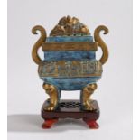 Chinese porcelain censer, the turquoise blue ground with gilt heightened decoration to the bat lid