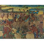 J Medja, Balinese School, Working in the fields, gouache on canvas, 120cm x 92cm