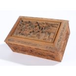 19th Century Chinese sandalwood casket, carved with a figural scene above bats carved to the body,