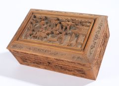 19th Century Chinese sandalwood casket, carved with a figural scene above bats carved to the body,