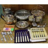 Plated ware, to include three piece tea set, cased sets of cake forks, cheese knives, cake basket,
